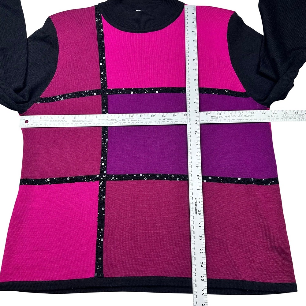 Dunner Stunner Color block‎ Sequin Mock Neck Sweater XL Wool Blend Magenta Black - Picture 6 of 8